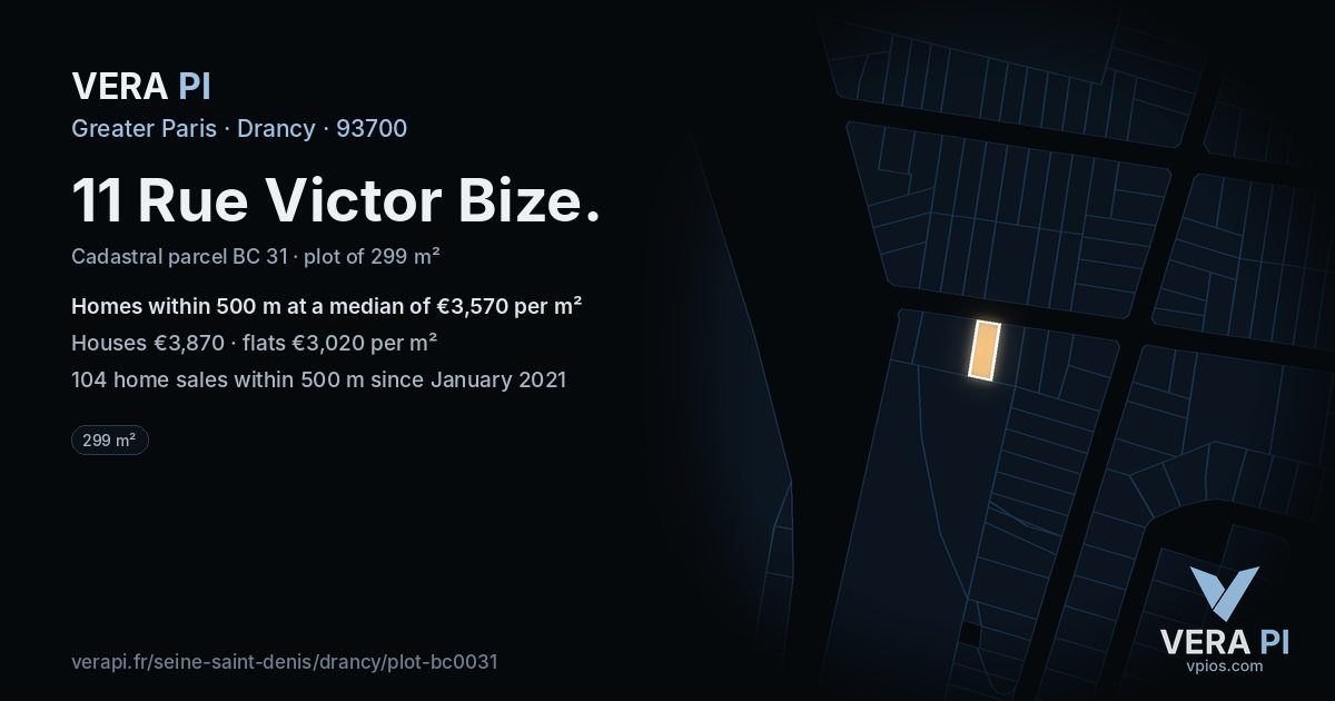 11 Rue Victor Bize, Drancy at night – the plot lit, the parcels around coloured by the prices near them