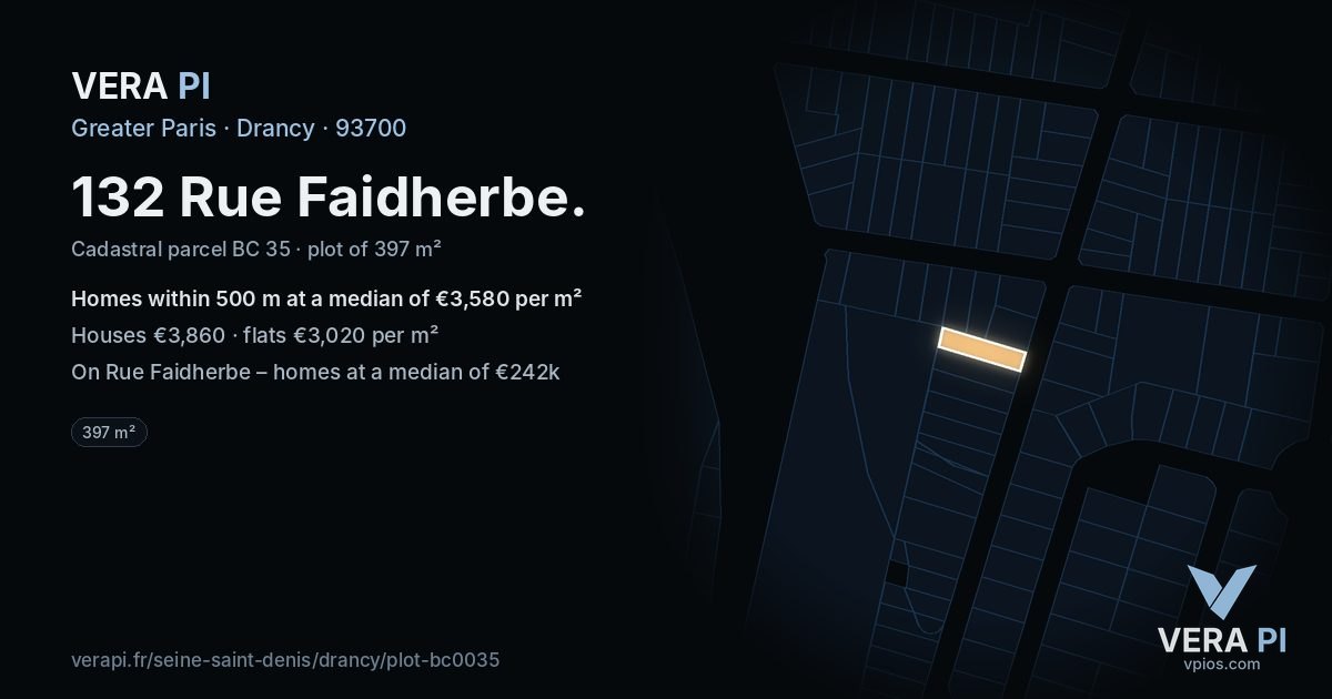 132 Rue Faidherbe, Drancy at night – the plot lit, the parcels around coloured by the prices near them