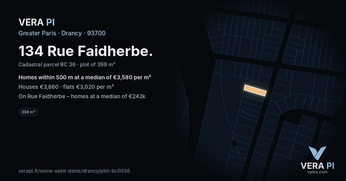 134 Rue Faidherbe, Drancy at night – the plot lit, the parcels around coloured by the prices near them