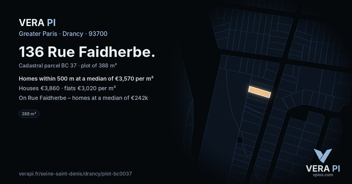 136 Rue Faidherbe, Drancy at night – the plot lit, the parcels around coloured by the prices near them