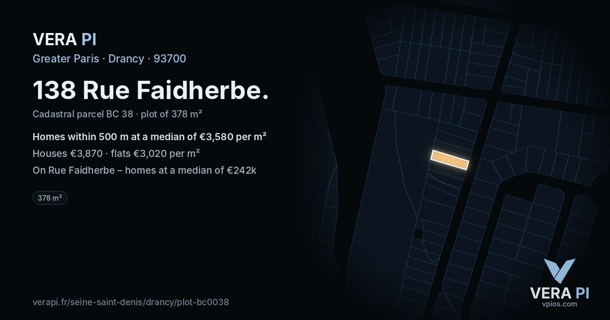 138 Rue Faidherbe, Drancy at night – the plot lit, the parcels around coloured by the prices near them