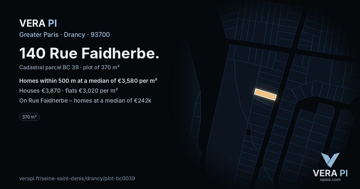 140 Rue Faidherbe, Drancy at night – the plot lit, the parcels around coloured by the prices near them
