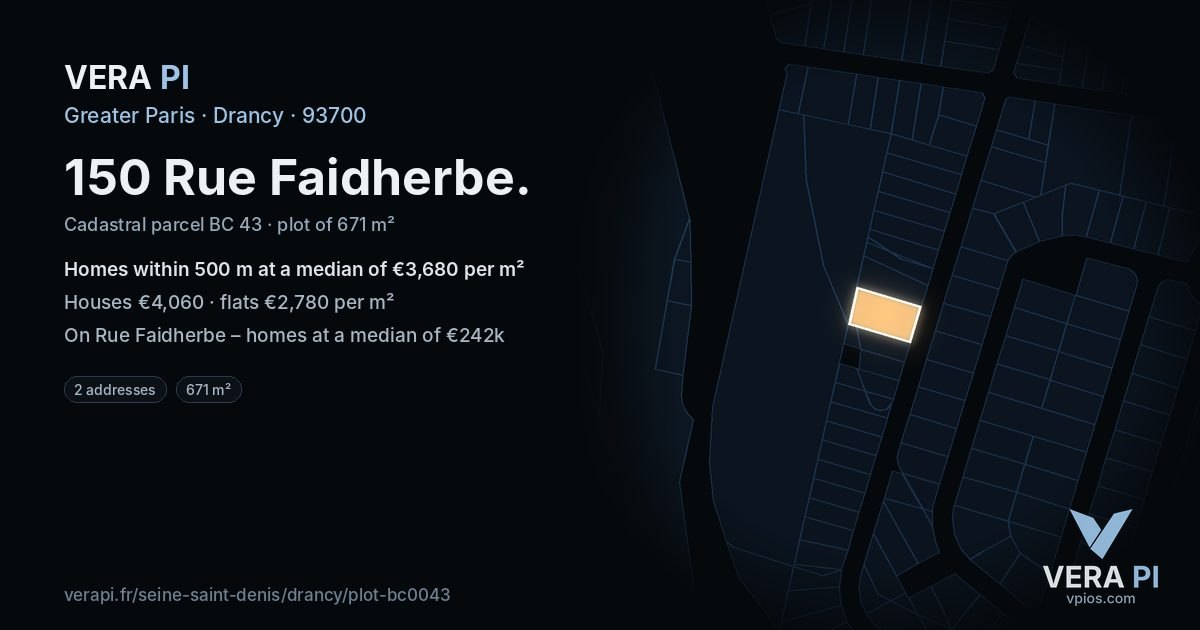 150 Rue Faidherbe, Drancy at night – the plot lit, the parcels around coloured by the prices near them