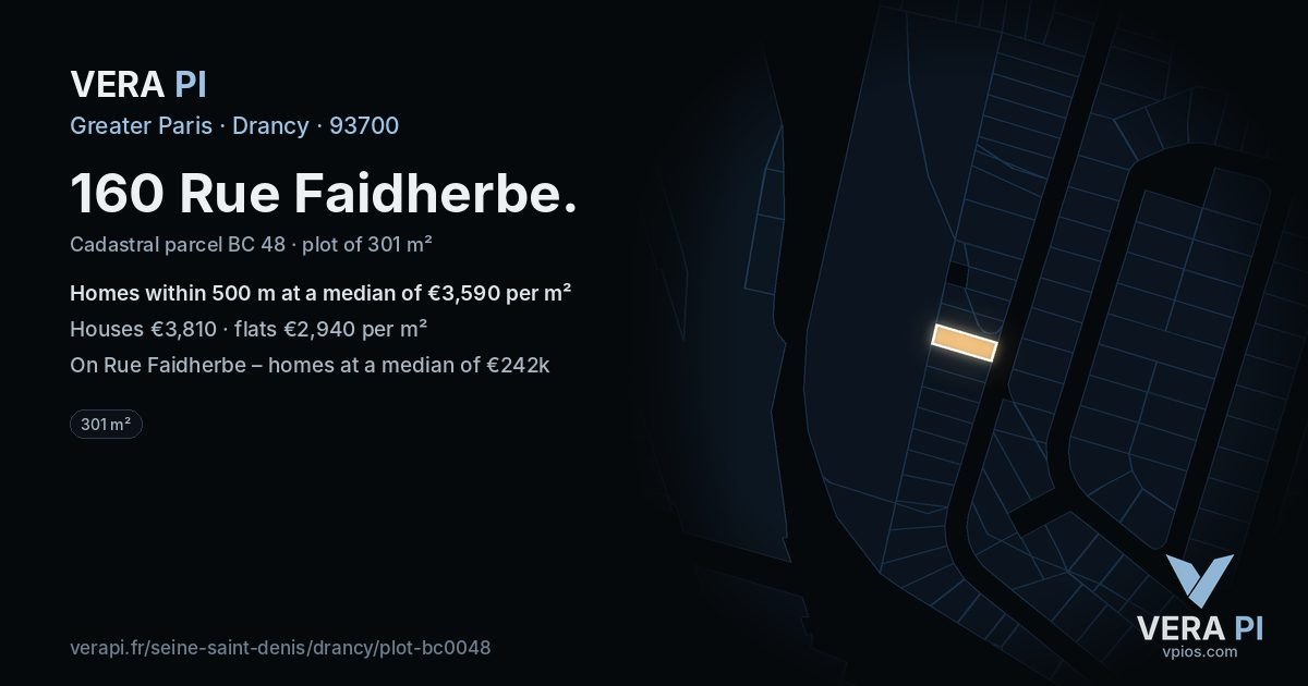 160 Rue Faidherbe, Drancy at night – the plot lit, the parcels around coloured by the prices near them