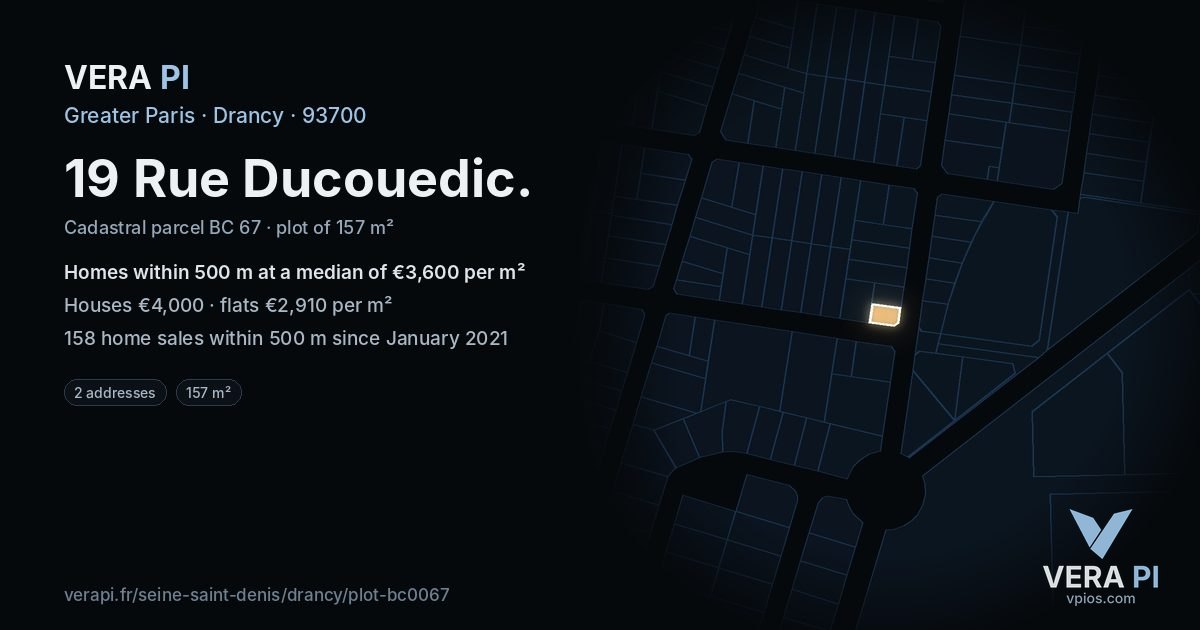 19 Rue Ducouedic, Drancy at night – the plot lit, the parcels around coloured by the prices near them