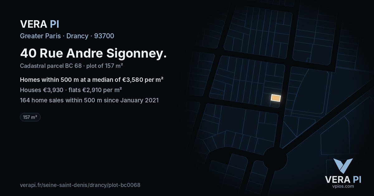 40 Rue Andre Sigonney, Drancy at night – the plot lit, the parcels around coloured by the prices near them