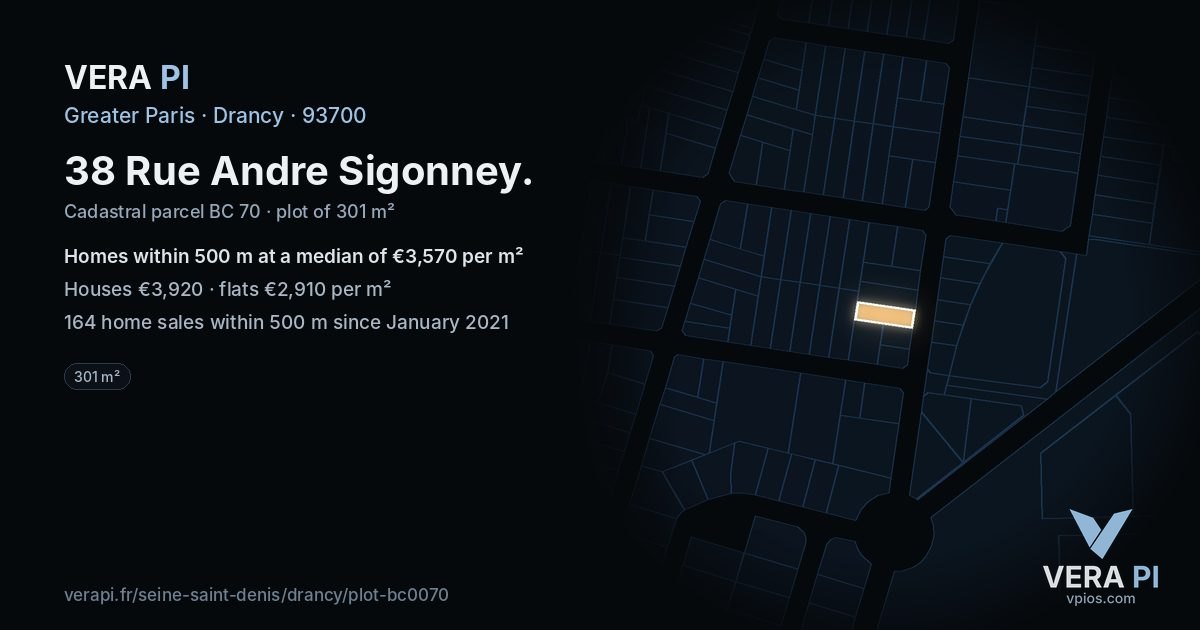 38 Rue Andre Sigonney, Drancy at night – the plot lit, the parcels around coloured by the prices near them