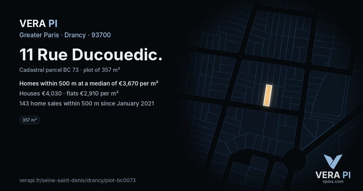 11 Rue Ducouedic, Drancy at night – the plot lit, the parcels around coloured by the prices near them