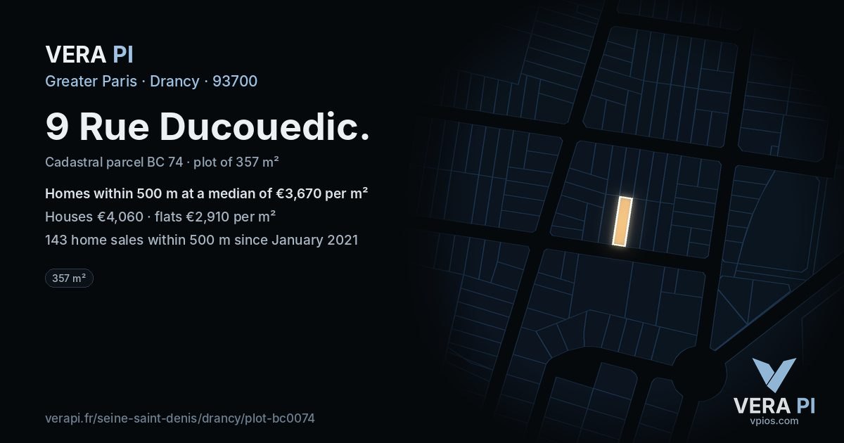 9 Rue Ducouedic, Drancy at night – the plot lit, the parcels around coloured by the prices near them
