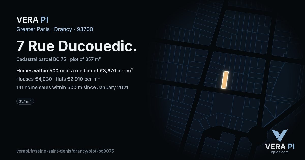 7 Rue Ducouedic, Drancy at night – the plot lit, the parcels around coloured by the prices near them