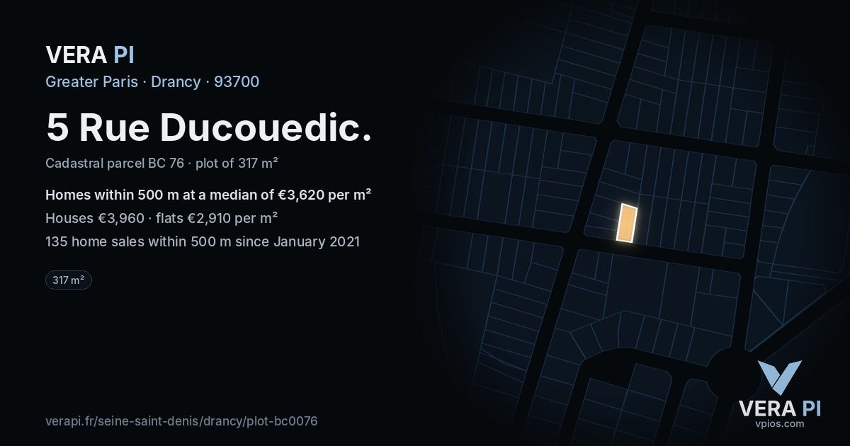 5 Rue Ducouedic, Drancy at night – the plot lit, the parcels around coloured by the prices near them