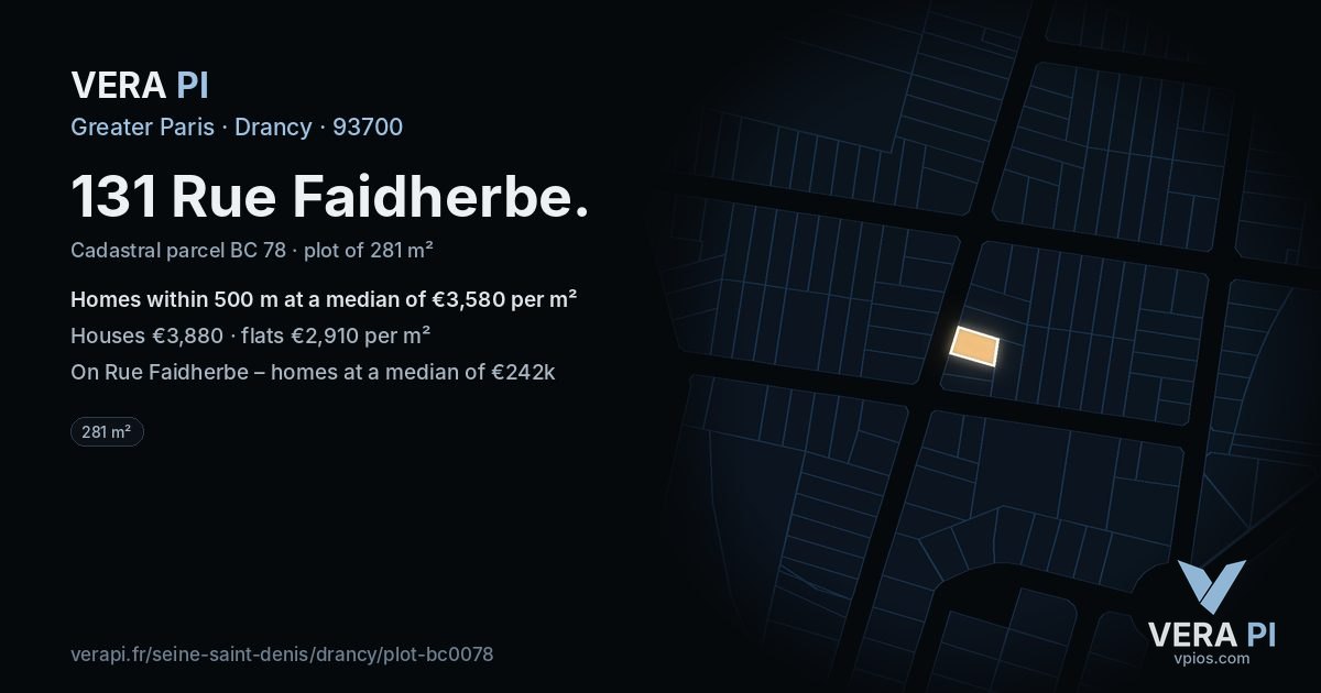 131 Rue Faidherbe, Drancy at night – the plot lit, the parcels around coloured by the prices near them
