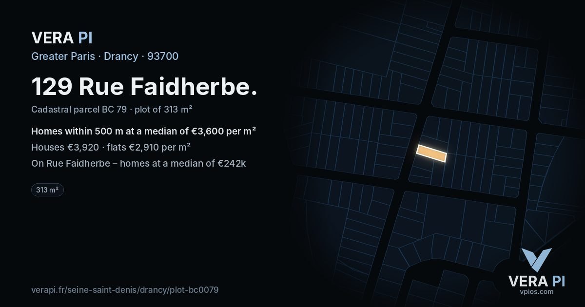 129 Rue Faidherbe, Drancy at night – the plot lit, the parcels around coloured by the prices near them