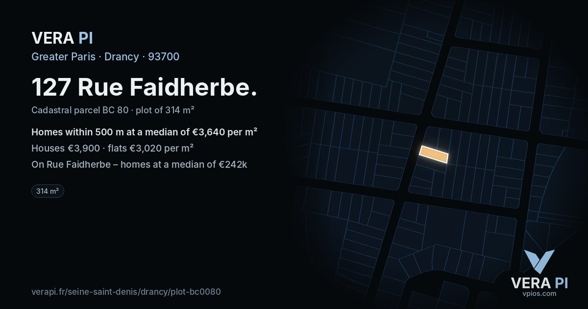 127 Rue Faidherbe, Drancy at night – the plot lit, the parcels around coloured by the prices near them