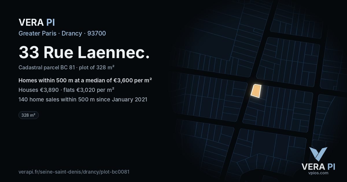 33 Rue Laennec, Drancy at night – the plot lit, the parcels around coloured by the prices near them