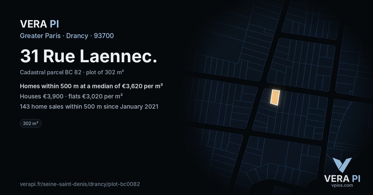 31 Rue Laennec, Drancy at night – the plot lit, the parcels around coloured by the prices near them