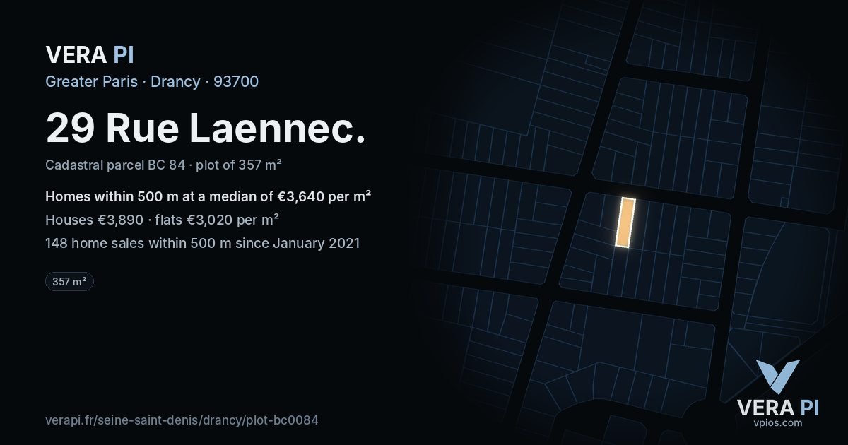 29 Rue Laennec, Drancy at night – the plot lit, the parcels around coloured by the prices near them