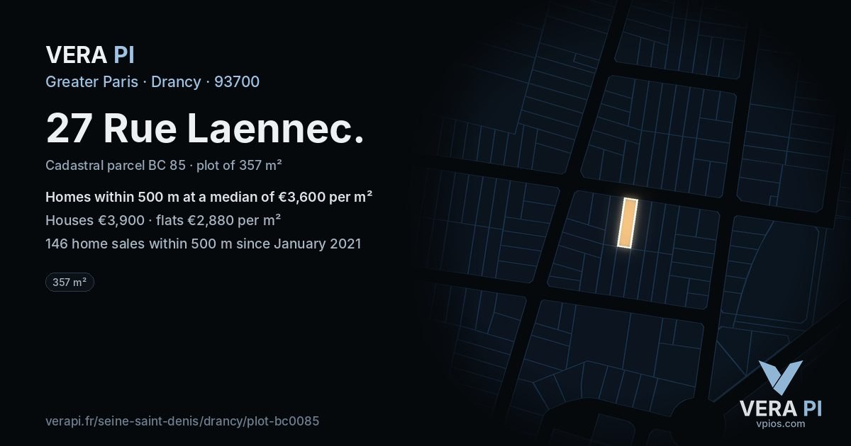 27 Rue Laennec, Drancy at night – the plot lit, the parcels around coloured by the prices near them