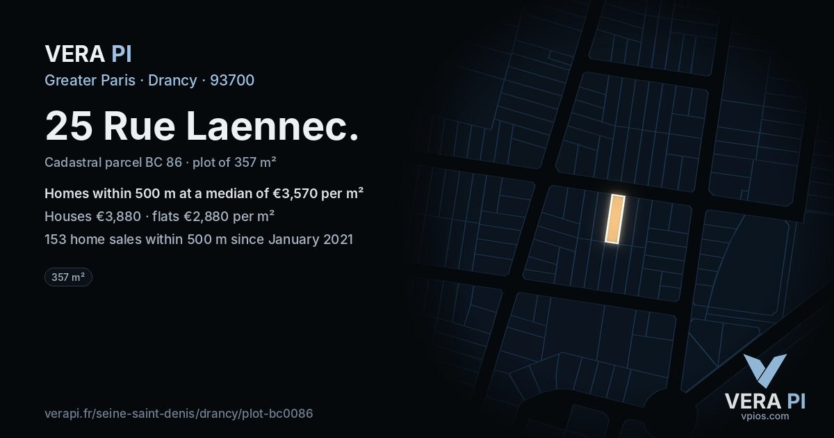 25 Rue Laennec, Drancy at night – the plot lit, the parcels around coloured by the prices near them