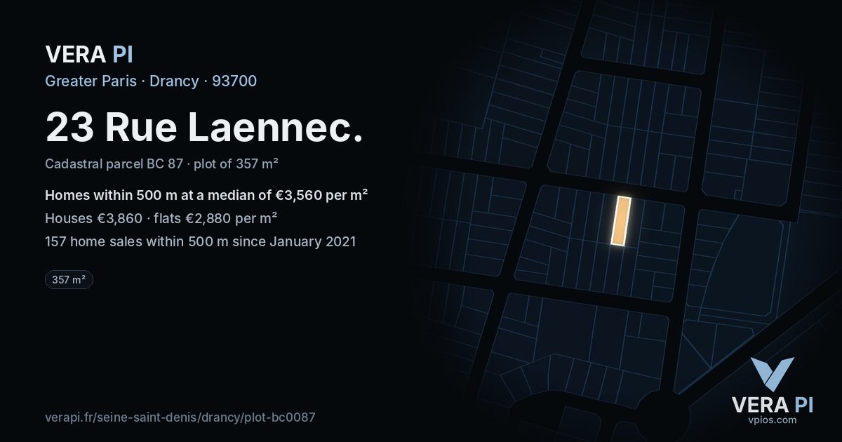 23 Rue Laennec, Drancy at night – the plot lit, the parcels around coloured by the prices near them