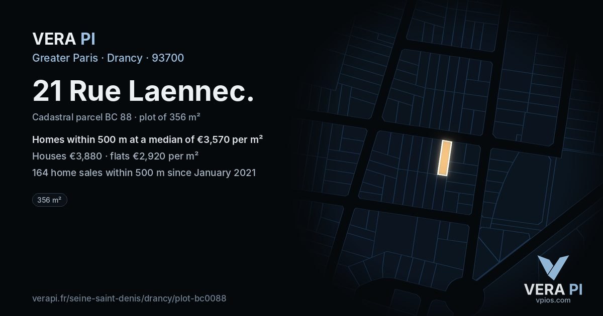 21 Rue Laennec, Drancy at night – the plot lit, the parcels around coloured by the prices near them