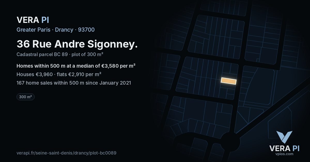 36 Rue Andre Sigonney, Drancy at night – the plot lit, the parcels around coloured by the prices near them