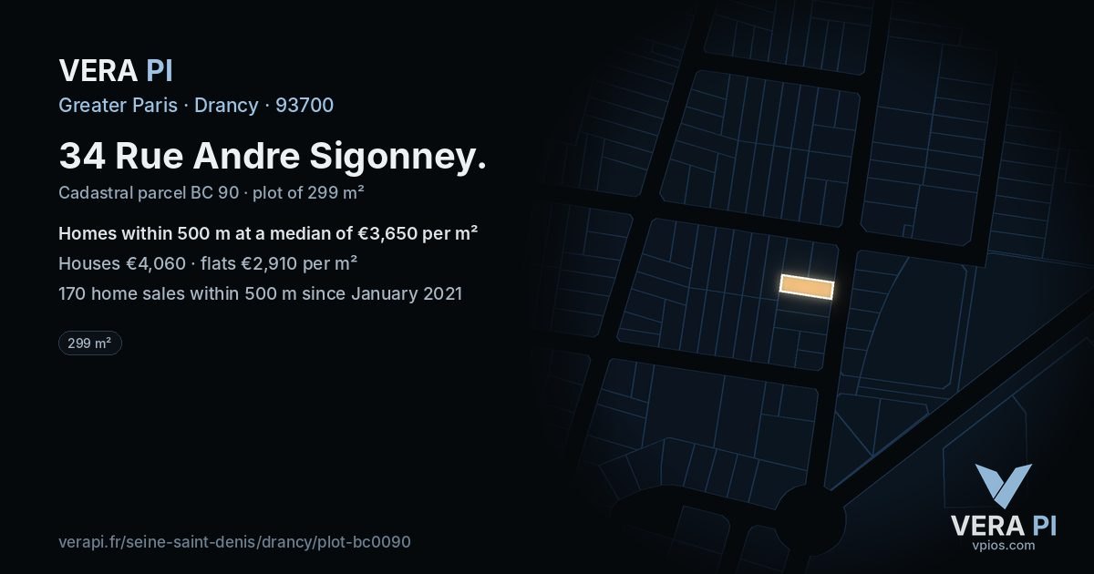 34 Rue Andre Sigonney, Drancy at night – the plot lit, the parcels around coloured by the prices near them