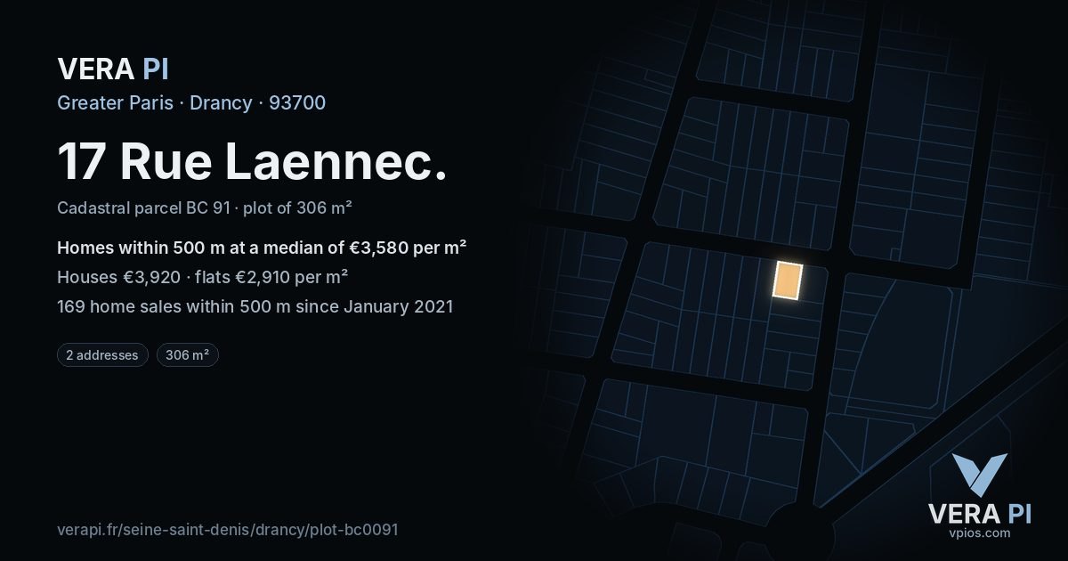 17 Rue Laennec, Drancy at night – the plot lit, the parcels around coloured by the prices near them