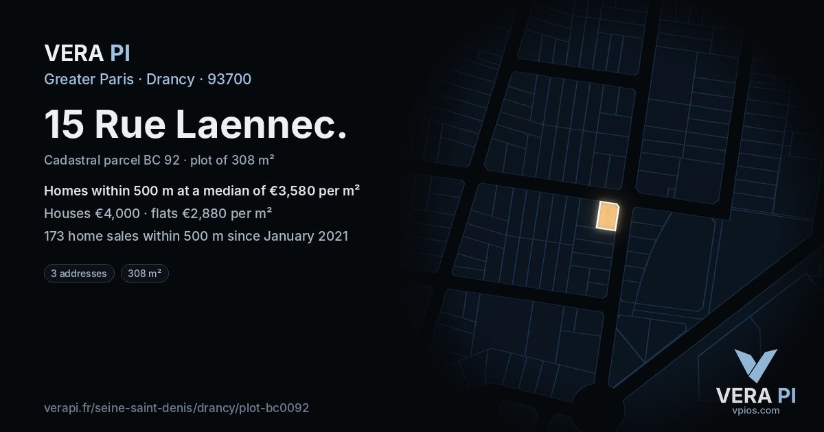 15 Rue Laennec, Drancy at night – the plot lit, the parcels around coloured by the prices near them