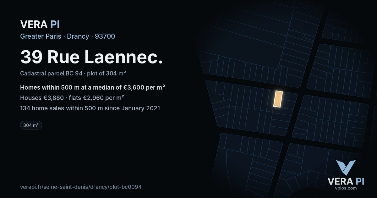 39 Rue Laennec, Drancy at night – the plot lit, the parcels around coloured by the prices near them