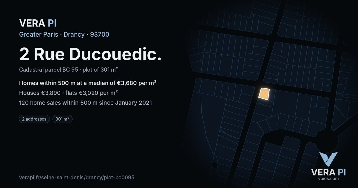 2 Rue Ducouedic, Drancy at night – the plot lit, the parcels around coloured by the prices near them