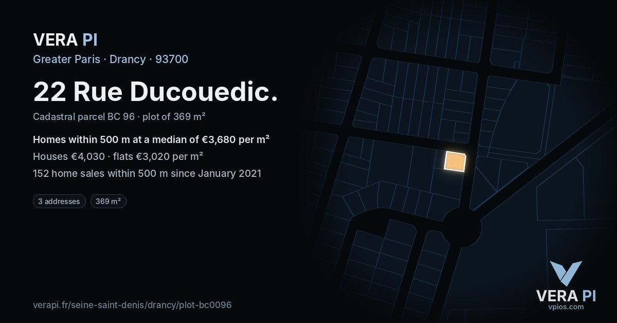 22 Rue Ducouedic, Drancy at night – the plot lit, the parcels around coloured by the prices near them