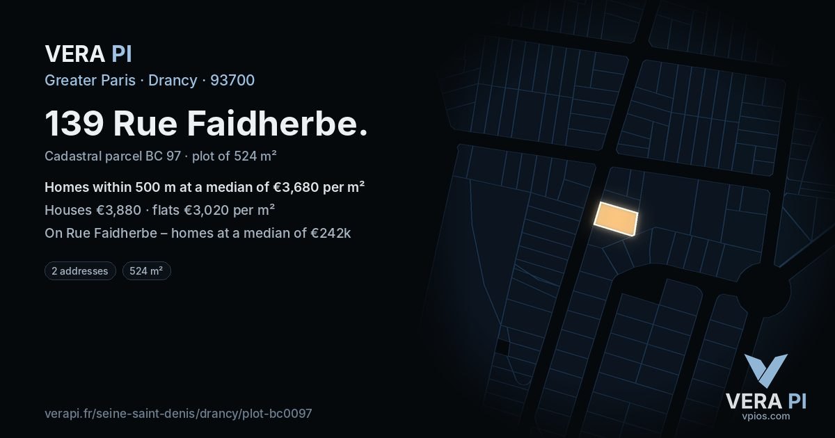 139 Rue Faidherbe, Drancy at night – the plot lit, the parcels around coloured by the prices near them
