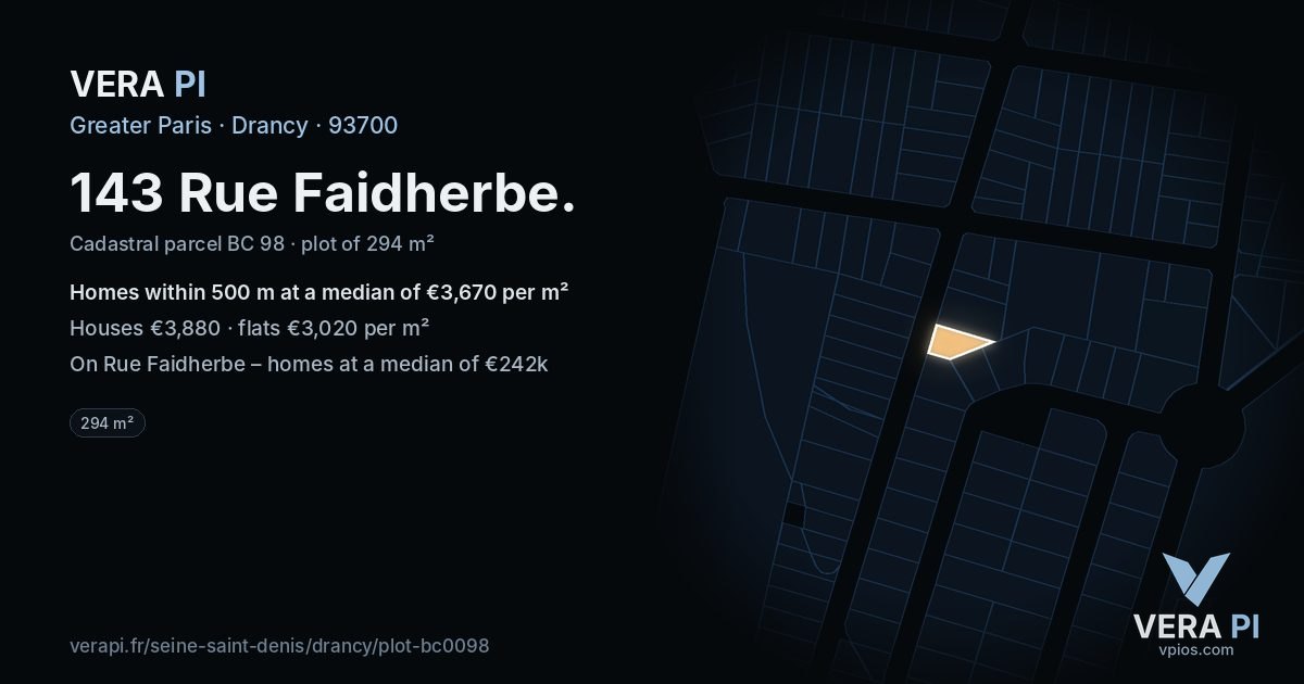 143 Rue Faidherbe, Drancy at night – the plot lit, the parcels around coloured by the prices near them