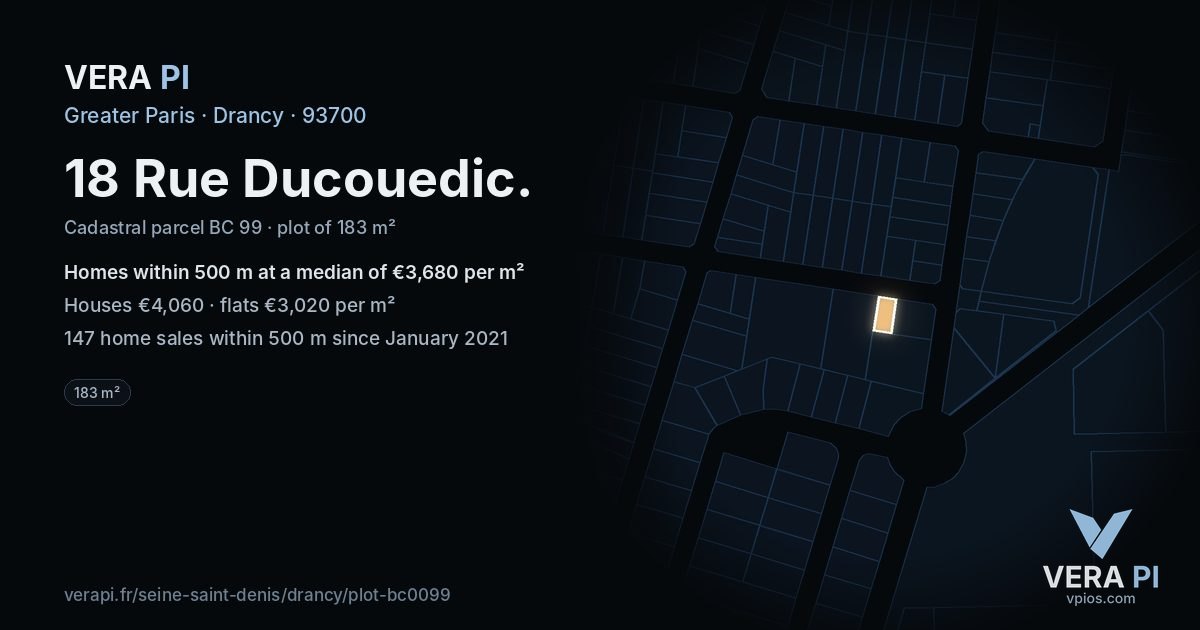 18 Rue Ducouedic, Drancy at night – the plot lit, the parcels around coloured by the prices near them