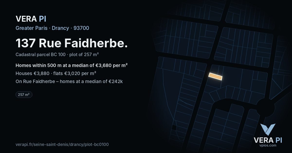 137 Rue Faidherbe, Drancy at night – the plot lit, the parcels around coloured by the prices near them