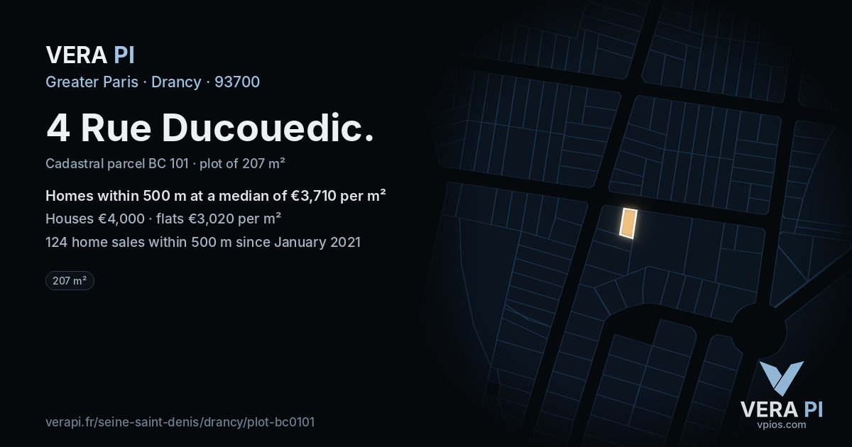 4 Rue Ducouedic, Drancy at night – the plot lit, the parcels around coloured by the prices near them