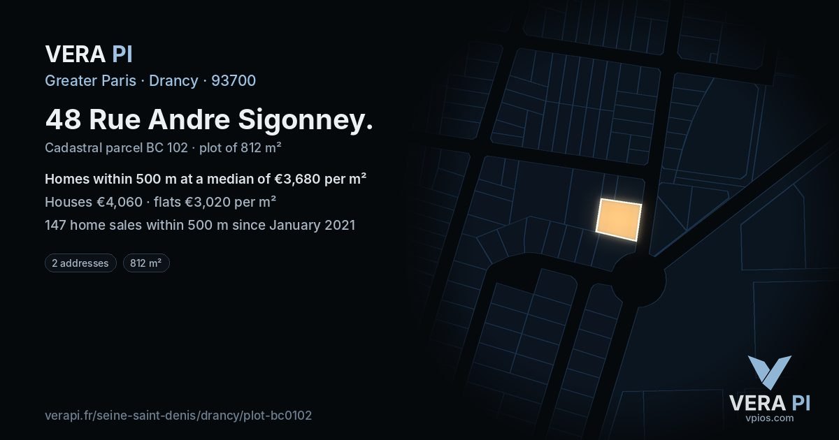 48 Rue Andre Sigonney, Drancy at night – the plot lit, the parcels around coloured by the prices near them