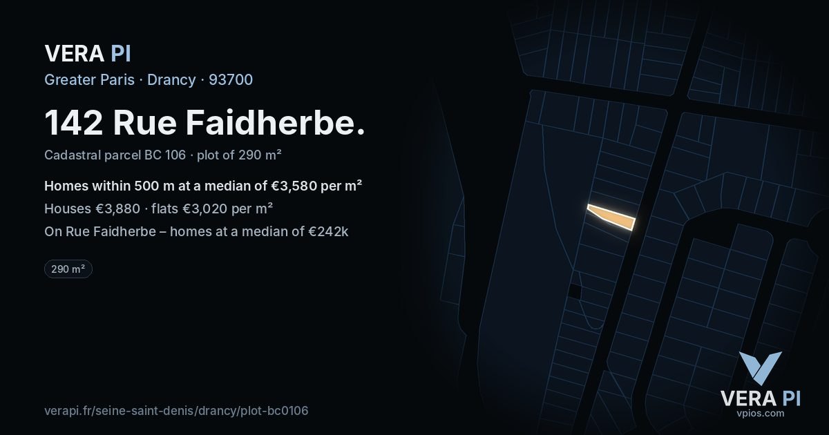 142 Rue Faidherbe, Drancy at night – the plot lit, the parcels around coloured by the prices near them