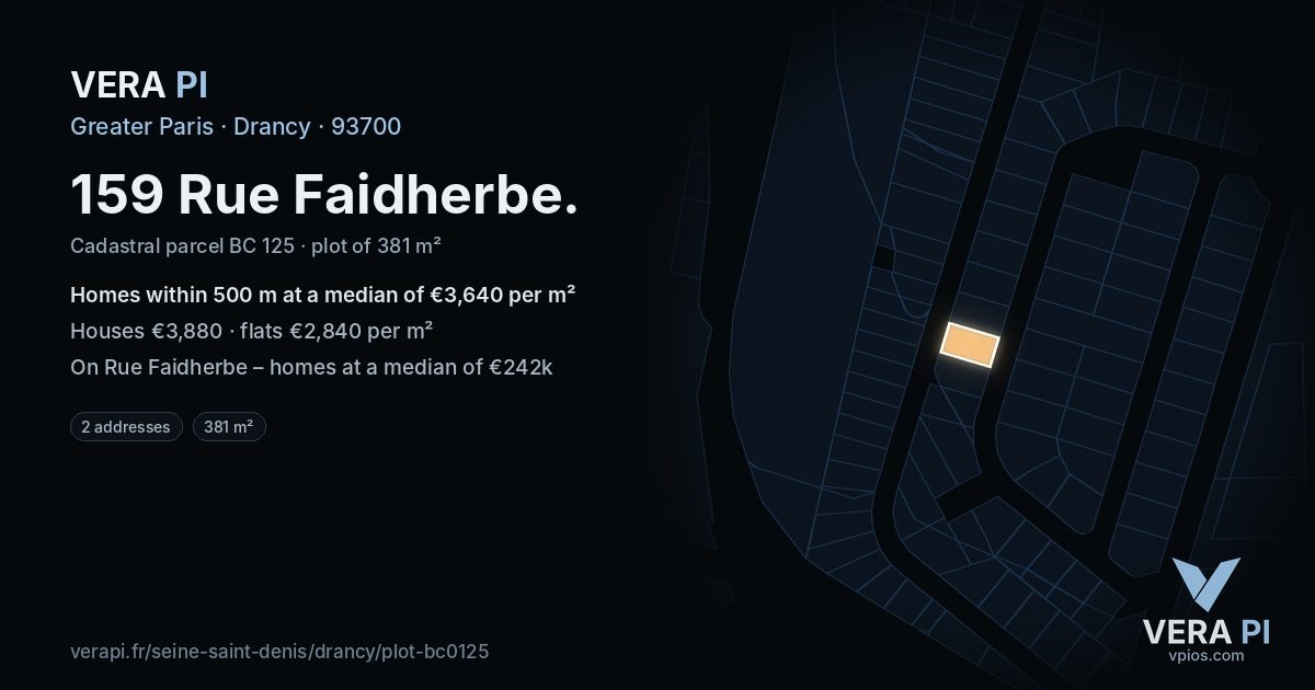 159 Rue Faidherbe, Drancy at night – the plot lit, the parcels around coloured by the prices near them