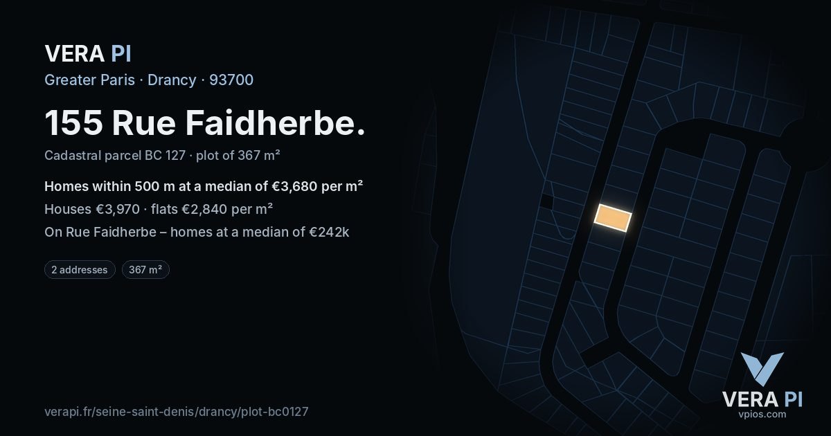 155 Rue Faidherbe, Drancy at night – the plot lit, the parcels around coloured by the prices near them
