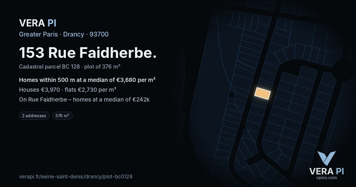 153 Rue Faidherbe, Drancy at night – the plot lit, the parcels around coloured by the prices near them