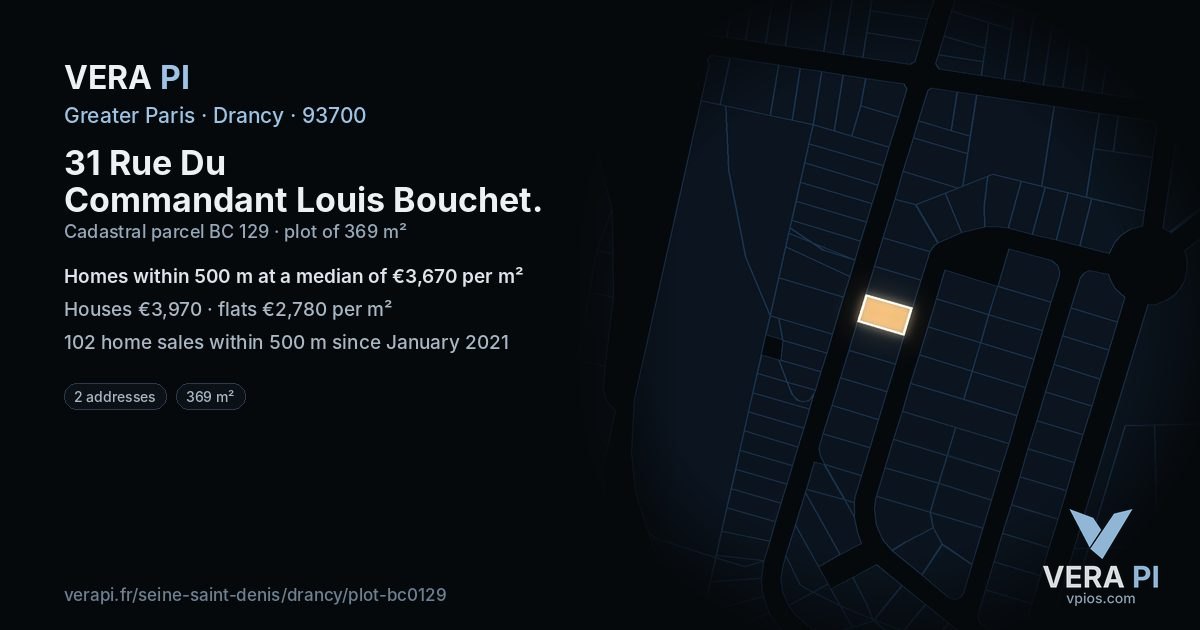 31 Rue Du Commandant Louis Bouchet, Drancy at night – the plot lit, the parcels around coloured by the prices near them