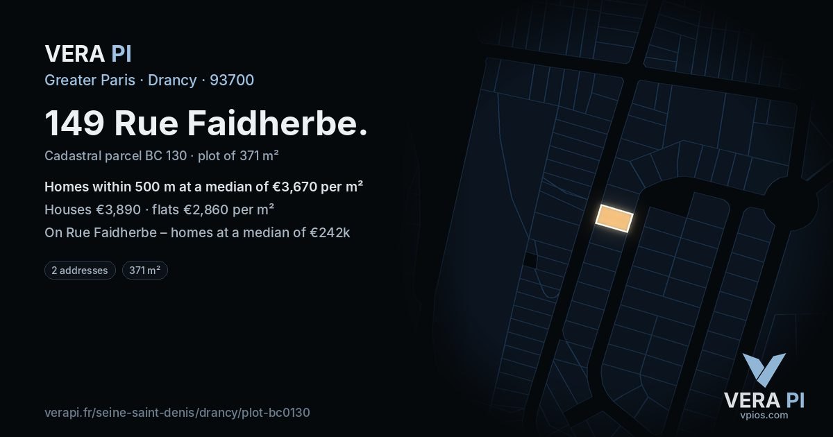 149 Rue Faidherbe, Drancy at night – the plot lit, the parcels around coloured by the prices near them