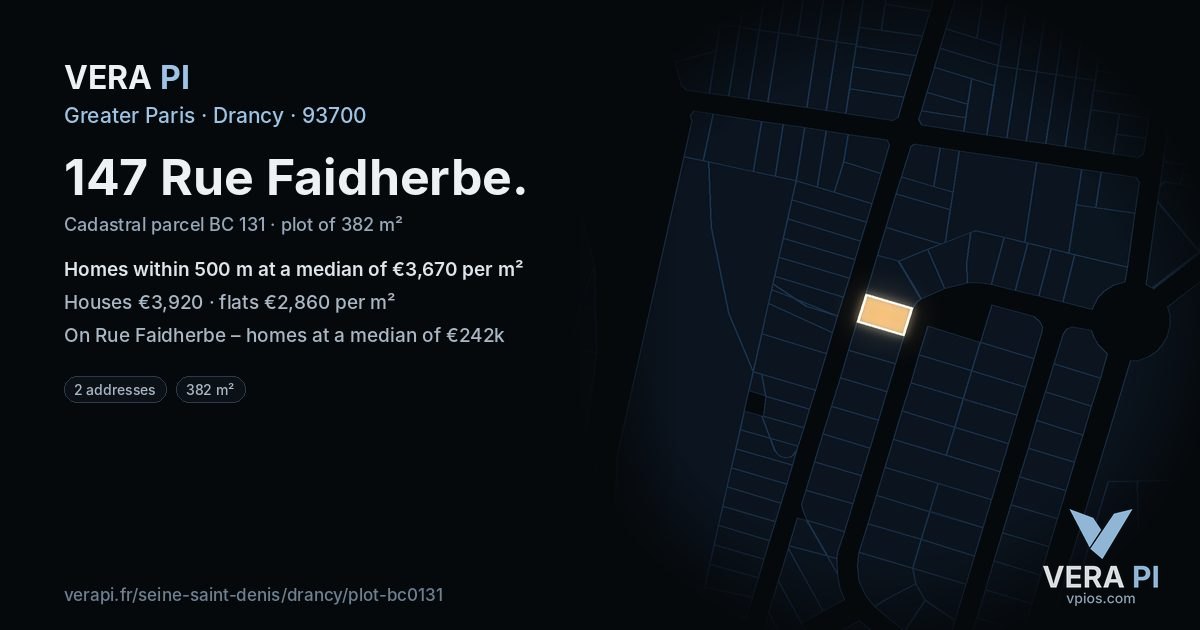147 Rue Faidherbe, Drancy at night – the plot lit, the parcels around coloured by the prices near them