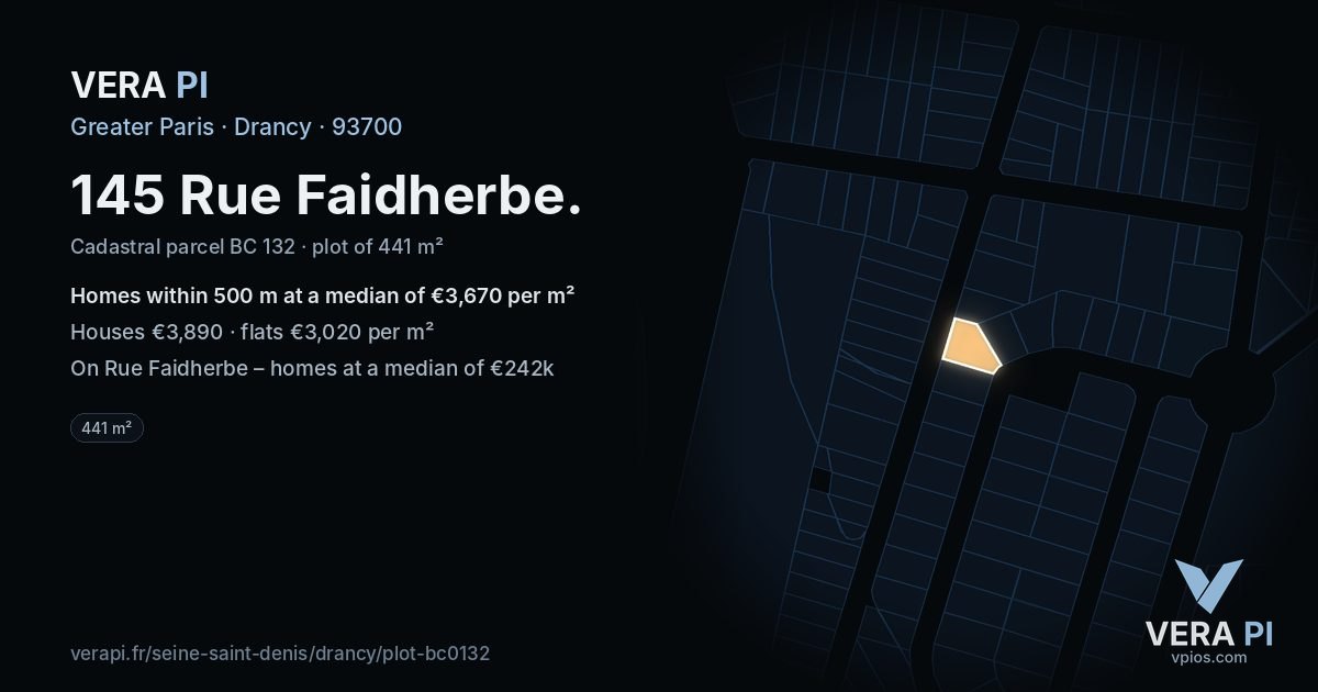 145 Rue Faidherbe, Drancy at night – the plot lit, the parcels around coloured by the prices near them