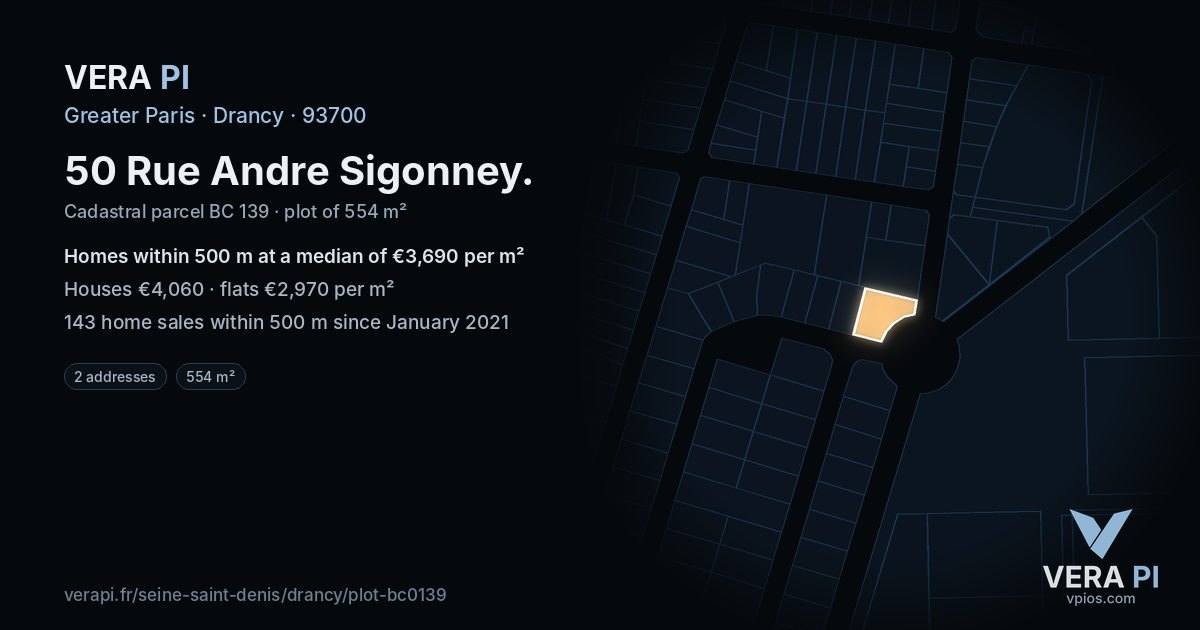 50 Rue Andre Sigonney, Drancy at night – the plot lit, the parcels around coloured by the prices near them