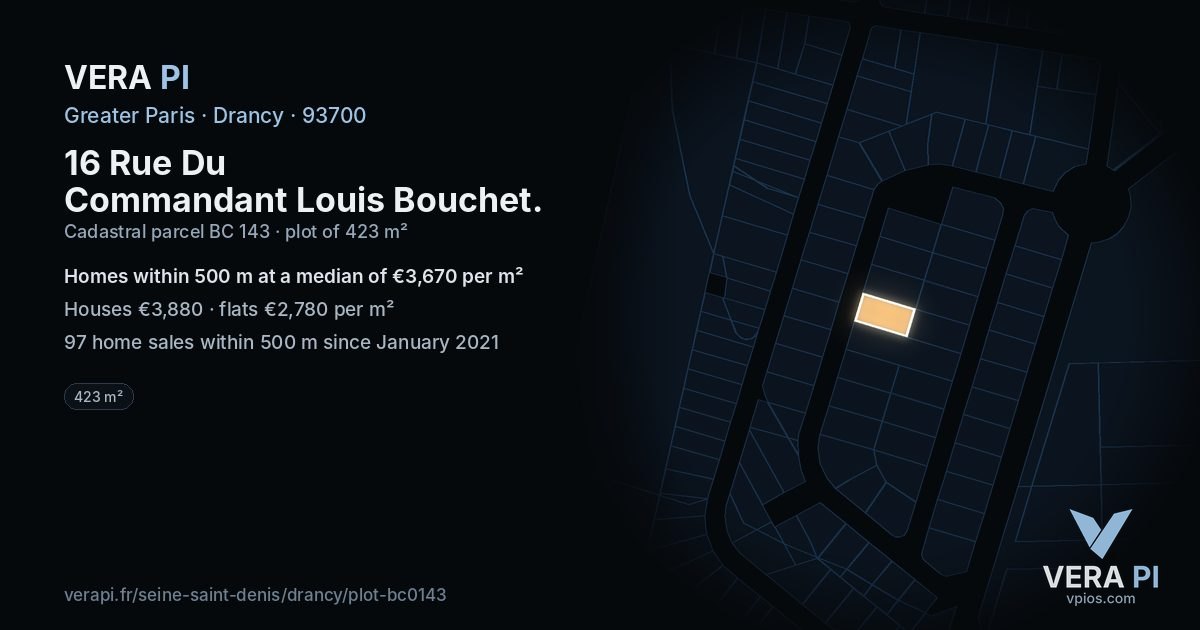 16 Rue Du Commandant Louis Bouchet, Drancy at night – the plot lit, the parcels around coloured by the prices near them