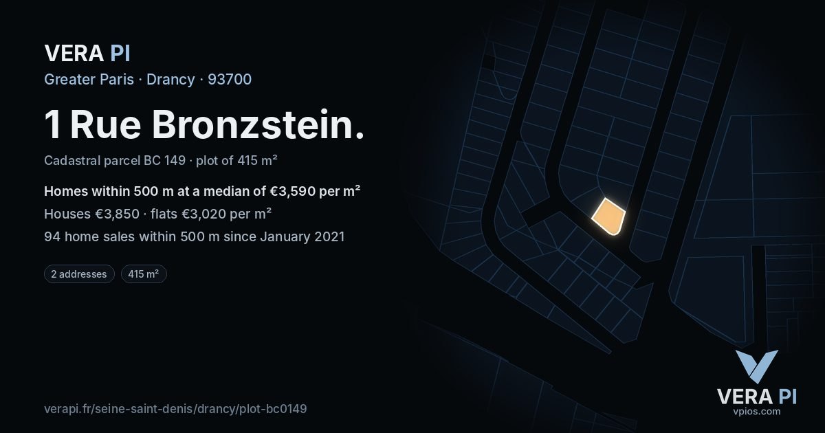 1 Rue Bronzstein, Drancy at night – the plot lit, the parcels around coloured by the prices near them