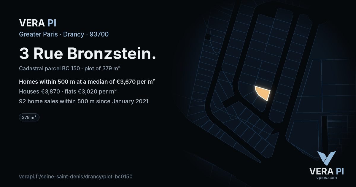 3 Rue Bronzstein, Drancy at night – the plot lit, the parcels around coloured by the prices near them